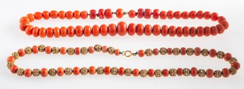 Two coral bead necklaces, including a necklace with coral beads