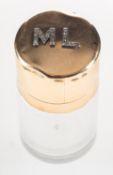 A Victorian scent bottle, the cylindrical clear glass body with 9ct gold hinged cover,