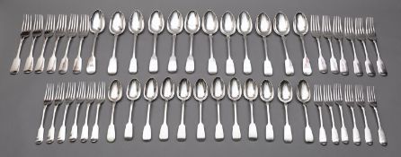 A matched 19th century silver canteen of Fiddle pattern flatware various dates and makers,