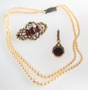 A mixed group of jewellery, including a double row of graduated cultured pearls, pearls approx. 3.
