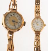 Two 9ct gold wrist watches the first having a round dial with the silvered chapter having black