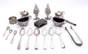 A mixed group of silver including; a pair of pepperettes by J.