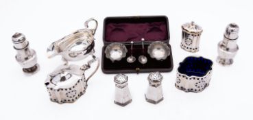 A mixed group of silver including; an Elizabeth II three piece cruet set Francis Howard Ltd,