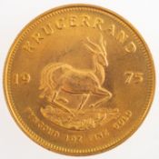A 1oz Fine Gold Krugerrand, 1975, South Africa, 34.1grams.