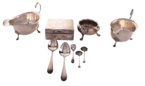 A mixed group of silver; including a pair of Edward VIII silver sauce boats by A E Poston & Co Ltd,