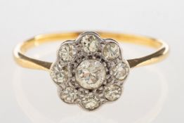 An antique diamond daisy ring, a ring in the form of a flowerhead, set with old-cut diamonds,