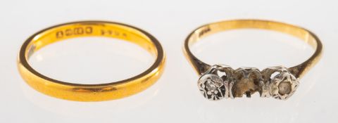 A 22ct gold wedding band and another ring, a 22ct gold wedding band, UK hallmark, size J1/2, 2.