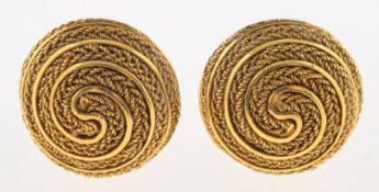 A pair of rope twist earrings, of circular form with post and safety clip fitting,