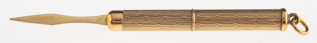 A 9ct gold toothpick, with engraved pattern, UK hallmark, length overall approx. 8.
