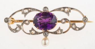 An Edwardian amethyst, diamond and pearl brooch,