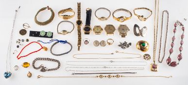 A mixed group of costume jewellery and fashion watches, including brooches, bracelets, earrings,