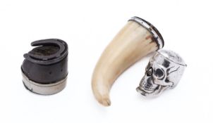 A mixed group of snuff boxes including; a silver plated and marine ivory tooth,