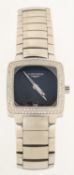 Longines a lady's wristwatch with diamond bezel the square black dial signed Longines and having a