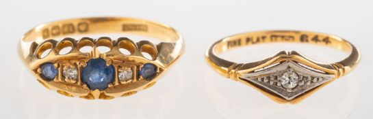 An 18ct gold sapphire and diamond ring and a diamond ring,