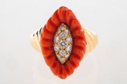 A 1970's 18ct gold coral and diamond cocktail ring,