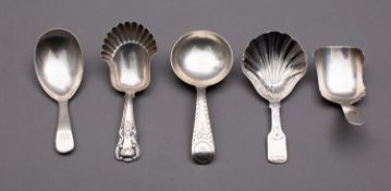 A group of silver tea caddy spoons including;