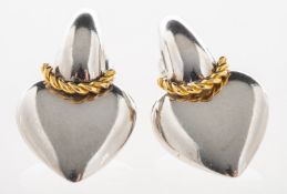 A pair of heart drop earrings, of bi-colour with rope twist decoration, post & butterfly fitting,