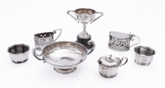A mixed group of silver including; a three piece cruet of octagonal form by Mappin & Webb,