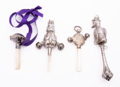 A mixed group of modern silver and mother of pearl baby rattles including;