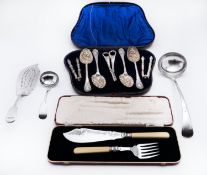 A mixed group of silver plate including; a Victorian cased dessert serving set of four berry spoons,