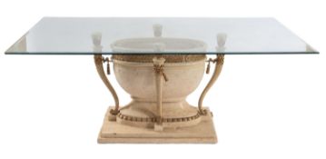 A glass topped, painted wood and composi