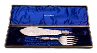 A cased pair of silver fish servers by H