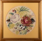 Five various framed needlework panels.