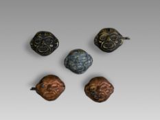 Five Chavin Culture Anthropomorphic applique. Peru 100-700 AD.The five copper appliquÃ©s depicting