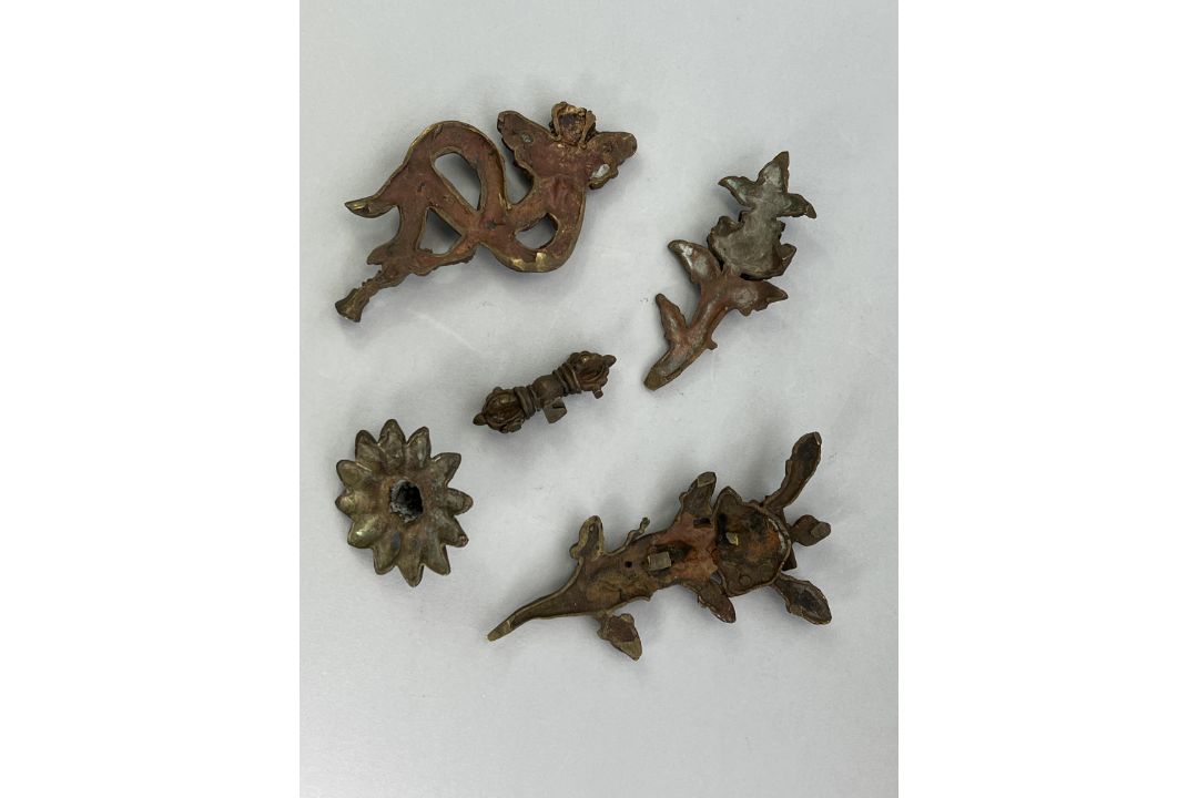 Five Bronze Bodhisattva Ornaments,c.1900,including a flower, a bell and scarves, and a double - Image 3 of 14
