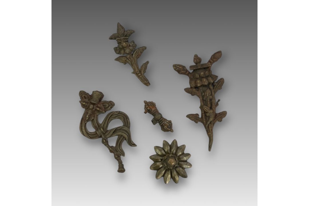Five Bronze Bodhisattva Ornaments,c.1900,including a flower, a bell and scarves, and a double - Image 1 of 14