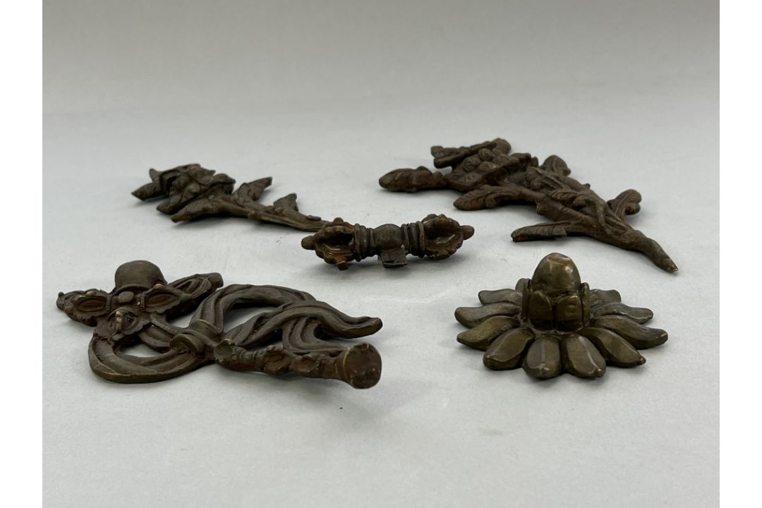 Five Bronze Bodhisattva Ornaments,c.1900,including a flower, a bell and scarves, and a double - Image 4 of 14
