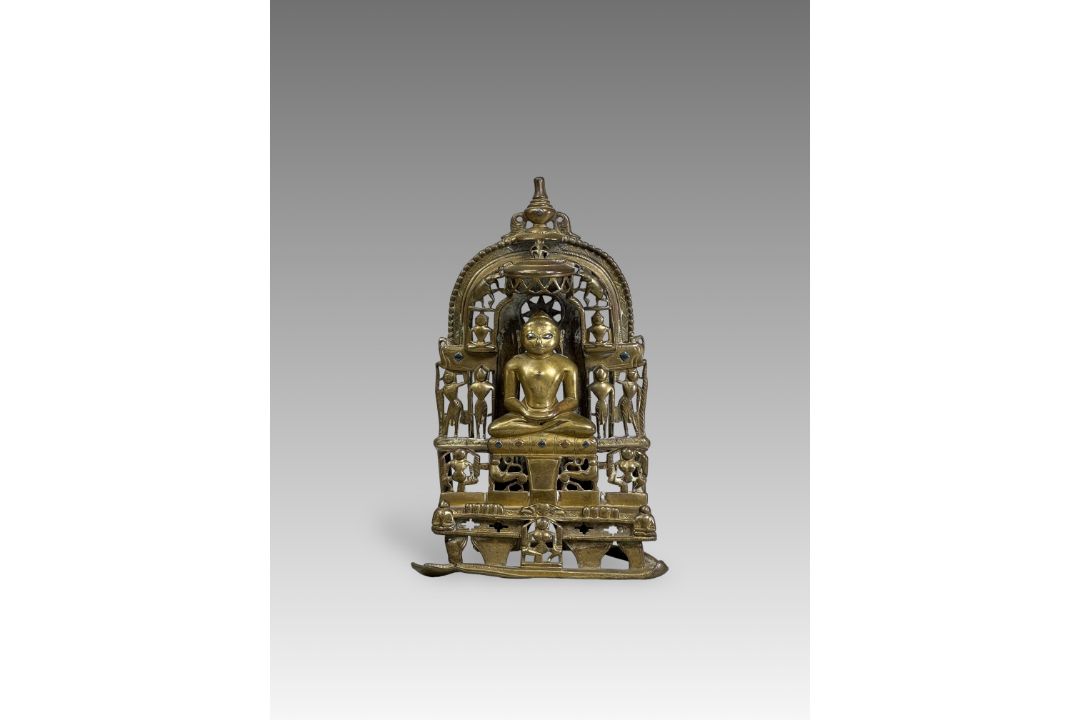 A Bronze Jain shrine. India 15th century.A Jain shrine depicting a Tirthankara with silver inlaid - Image 1 of 18
