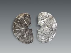 A Pair of Chimu Culture Nose pendants. Peru. Ca. 900-1470 AD.A pair of nose pendants decorated