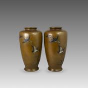 A Pair of Japanese Mixed Metal Vases with Geese, Meiji periodof shouldered ovoid form, decorated