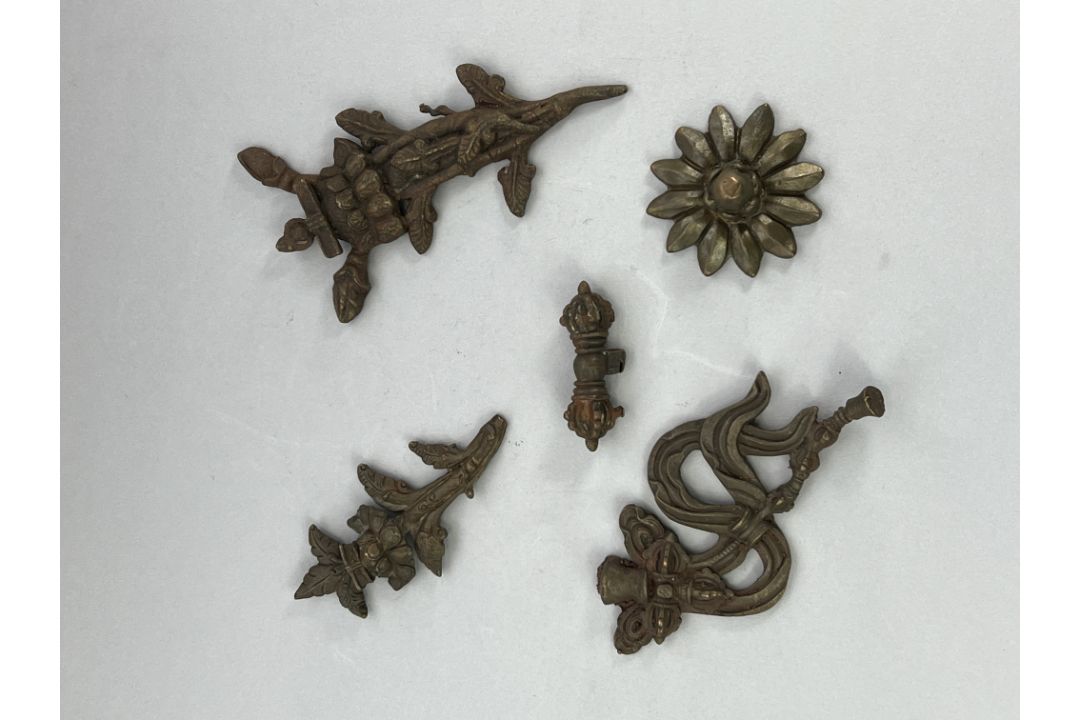 Five Bronze Bodhisattva Ornaments,c.1900,including a flower, a bell and scarves, and a double - Image 2 of 14