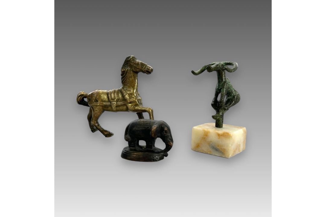 Three bronze Beasts, 19th century and earlierincluding a prancing horse, an elephant, and a Luristan - Image 1 of 7