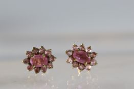 A Pair of Pink Sapphire Cluster Earrings A Pair of Pink Sapphire Cluster Earrings, mounted in yellow