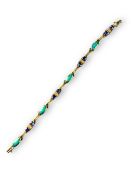 A harlequin opal and amethysts and diamond line bracelet, mounted in yellow metal 14k