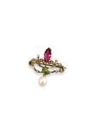 A French art nouveau 15k gold pendant brooch with gemstones