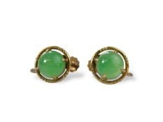 A pair of jade screwed-on earrings, mounted in 9ct gold