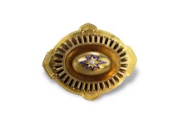 A Victorian gold oval brooch with pearl-set enamel star