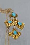 An antique turquoise and pearl pendant, mounted in 15ct yellow gold, circa 1870