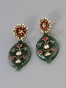A Pair of Inlaid Jade Earrings, in Mughal style