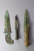 Three Archaic Chinese Bronze Spearheads and Dagger Axs, Eastern Zhou dynasty and later