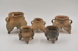 Five Pottery Tripod Handled Vessels, Neolithic period, Siwa culture, c. 1350 BC