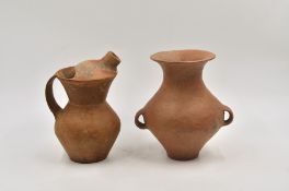 A Red Pottery Owl-form Ewer and A Red Pottery Handled Vessel,
Qijia culture, 2050-2000 B.C.