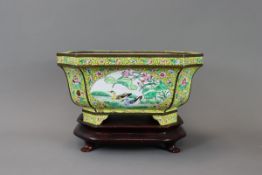 A Canton Enamel Yellow Ground Jardiniere, Qing dynasty