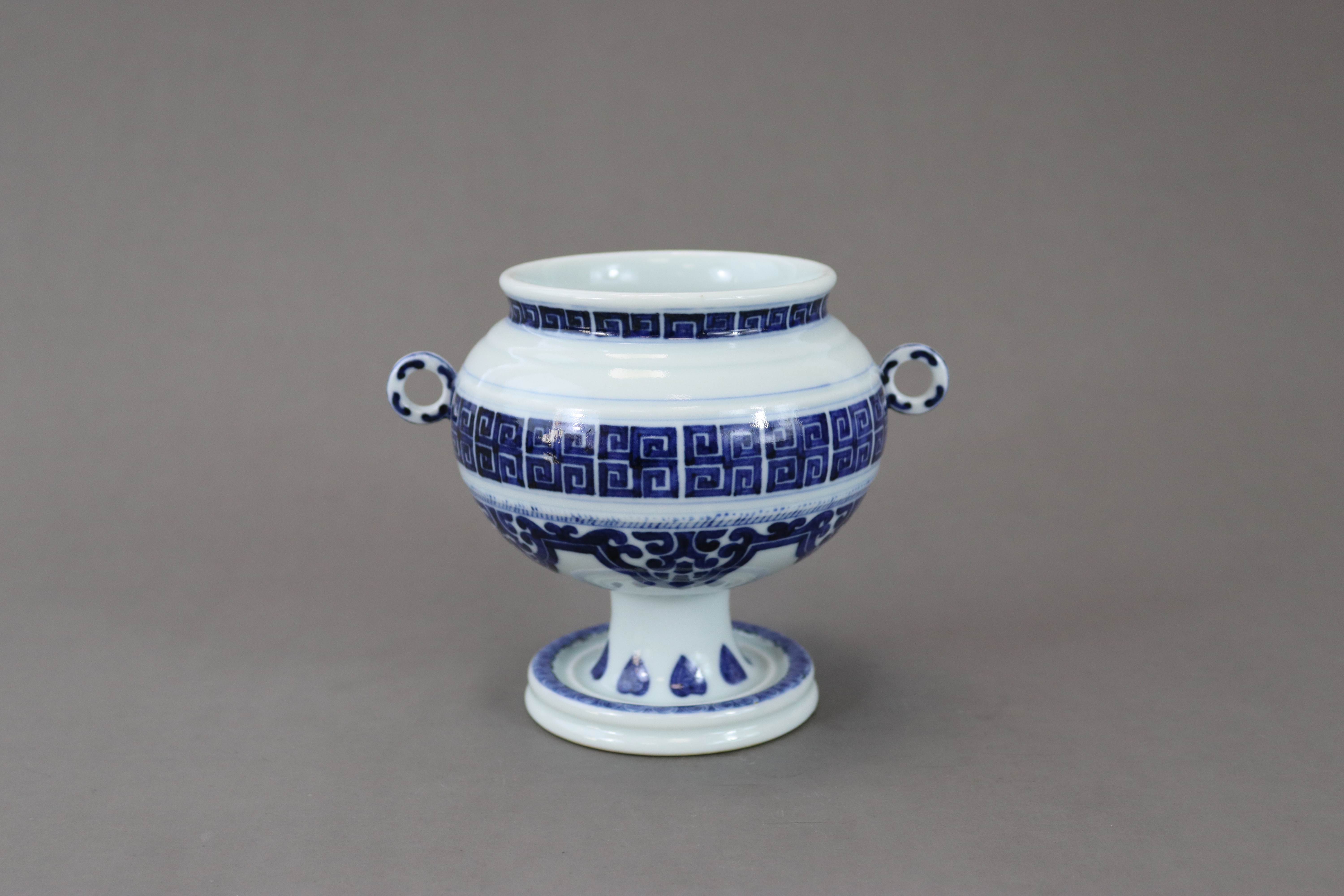 A Blue and White Globular Stembowl, seal mark of Qianlong,