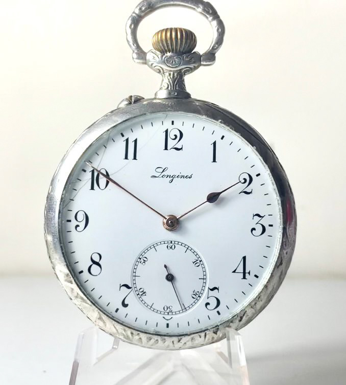 Longines 1910 High Grade 15j Pocket Watch Open Face Silver 800 Hallmarked Case with Hunting Scene