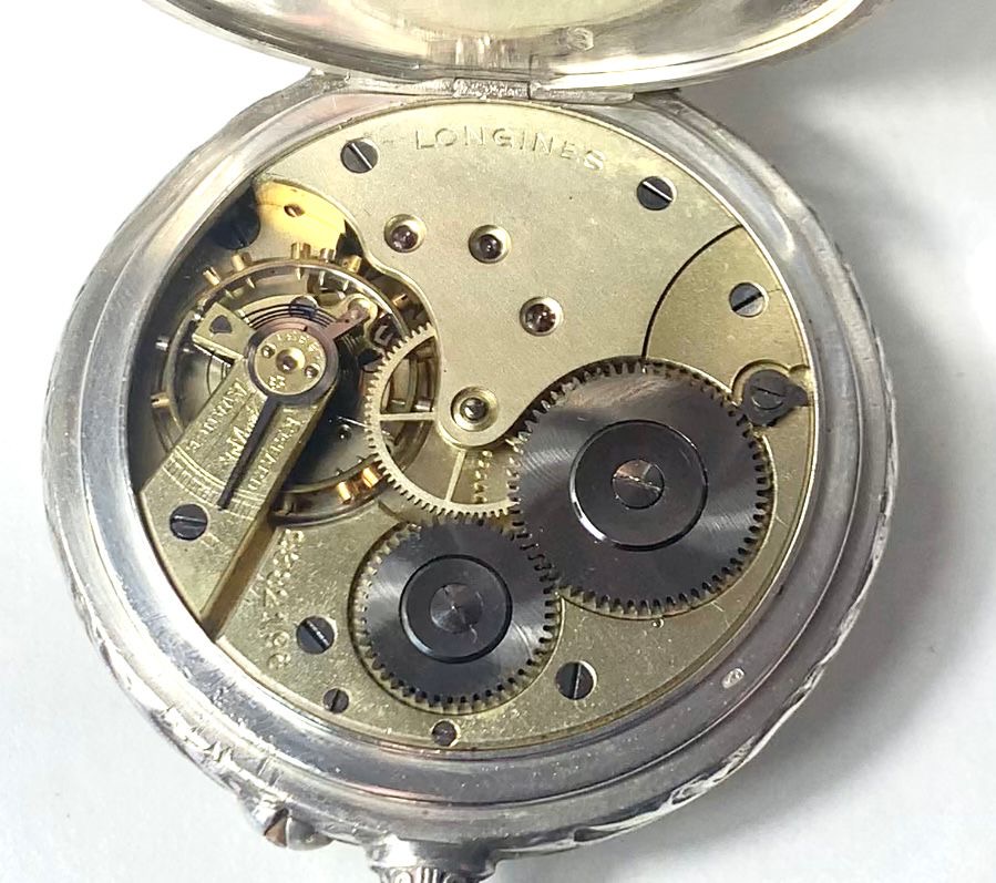 Longines 1910 High Grade 15j Pocket Watch Open Face Silver 800 Hallmarked Case with Hunting Scene - Image 3 of 4